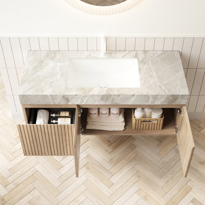 - Meuble-lavabo de style 48 po, lavabo en céramique, contreplaqué flottant, 2 portes, 1 tiroir, pierre frittée grise, couleur chêne blanc, grand rangement en contreplaqué, finition, comptoir en pierre, pré-assemblé
