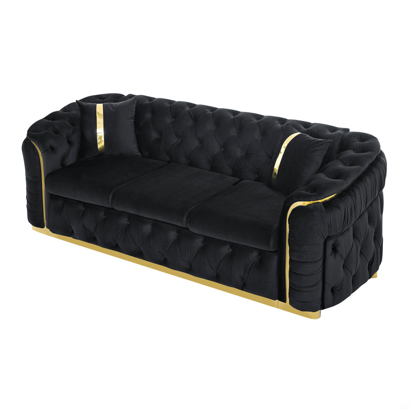Canapé 90,6 pouces en velours capitonné avec 2 coussins, Noir