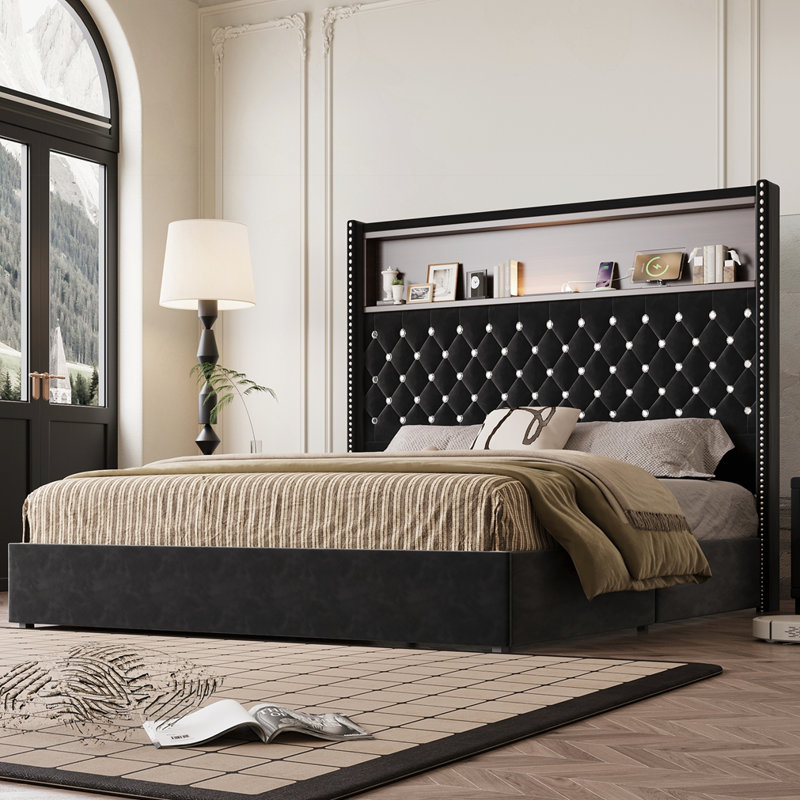 Structure de lit moelleuse en velours pour grand lit
