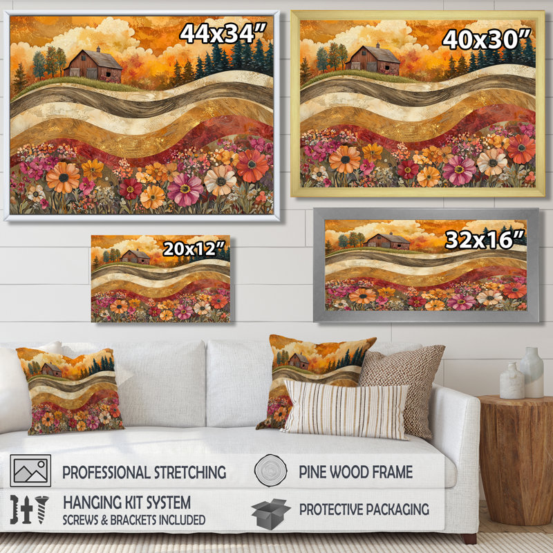 Assortiment de bouquets de fleurs, paysage de grange III - campagne, art mural, H 24 po x l 32 po, Cadre flottant, Blanc