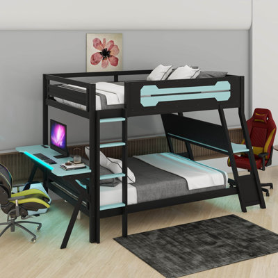 Bunk Bed With Two Built-In Gaming Desks, USB Desktop Ports & Pegboard Organizer, Gaming Bunk Frame