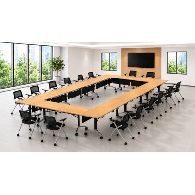 16 Person Fold-up Training Tables, Extra Long for Seminars and Conferences with Thick Tops, Beech colour, Fold-Up Legs & Integrated Power Boxes includes folding nesting Task Chairs.