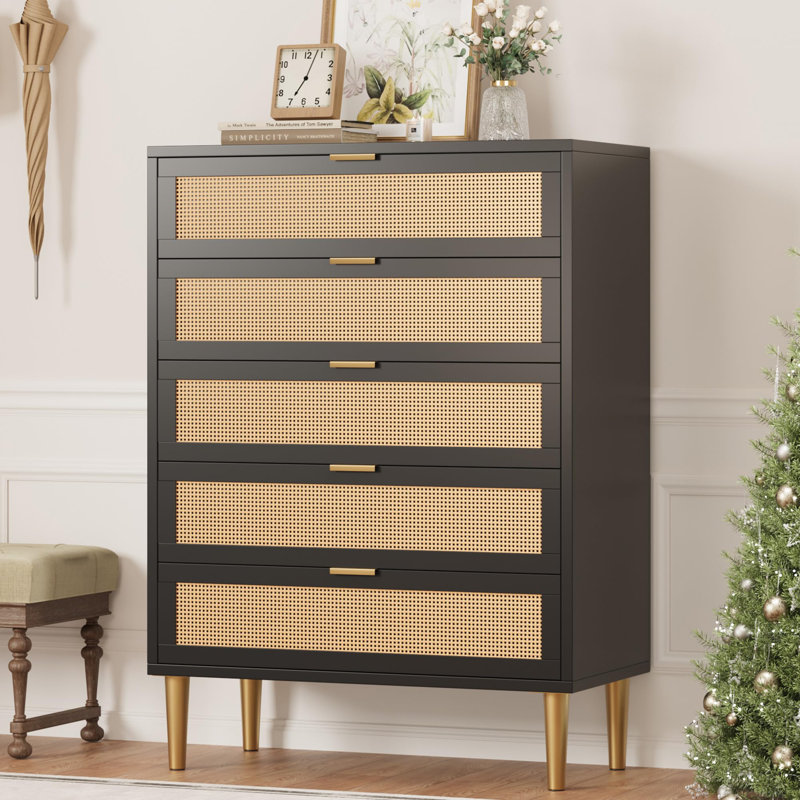 Commode 5 tiroirs en rotin, 44 po
