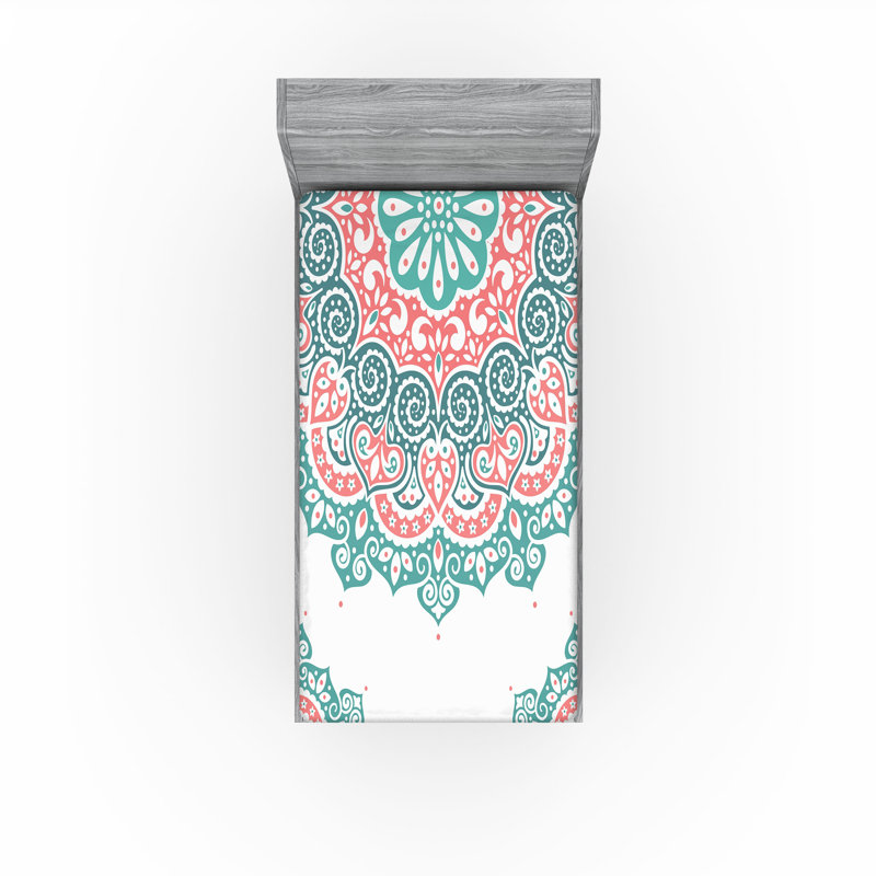 Drap-housse orange Ambesonne, Drap-housse de taille simple, Turquoise / corail / oriental bleu sarcelle