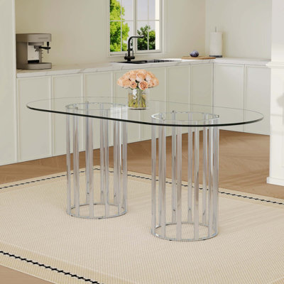 table de salle à manger ovale en verre trempé, double colonne de style luxueux, verre trempé résistant aux égratignures et facile à nettoyer. Convient pour une salle à manger de 6 à 8 personnes, table de restaurant moderne de luxe légère.