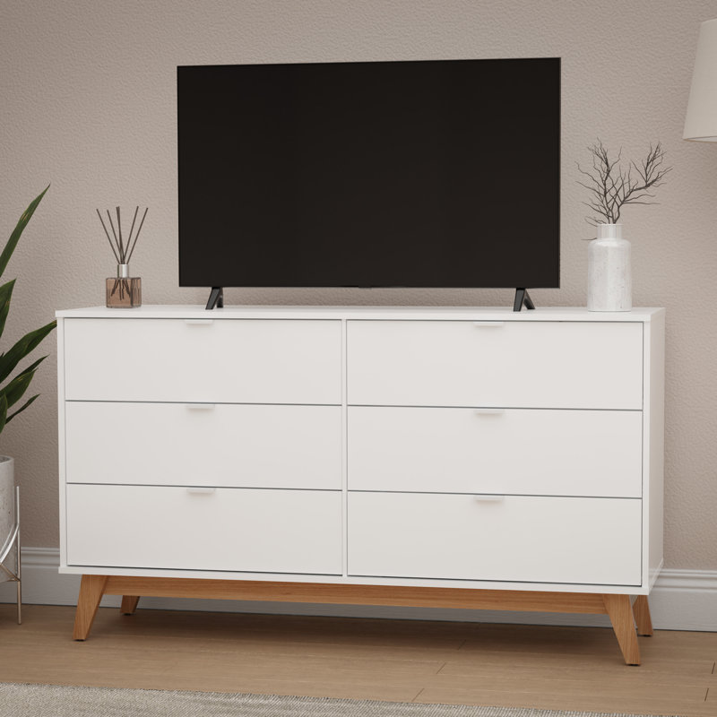 Ahmed 57.08"W 6-Drawer Dresser with Aluminum Handles, Dark Brown/Black
