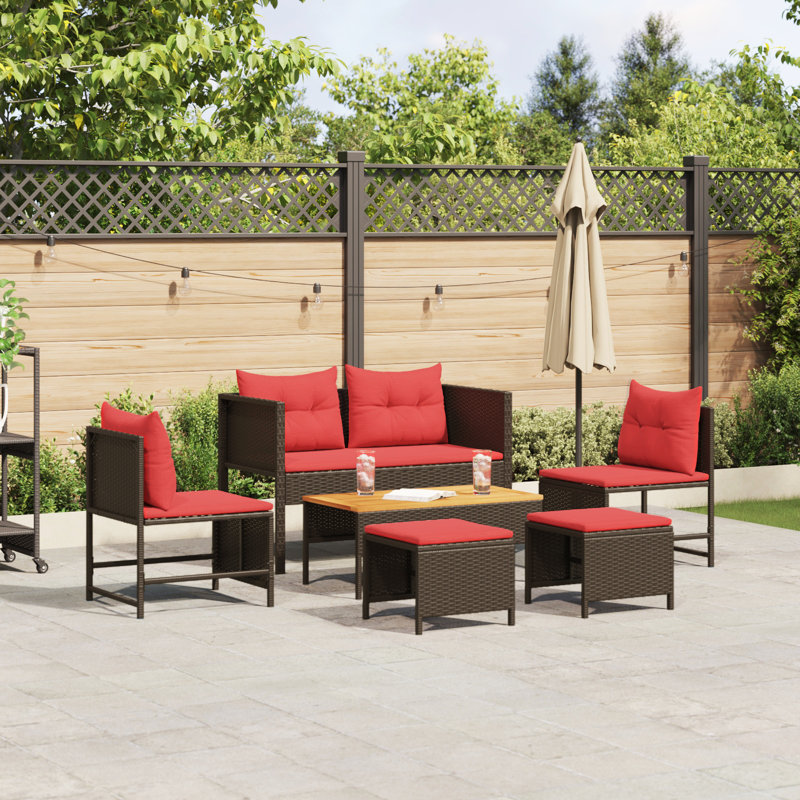 Ensemble de canapé de jardin vidaXL avec coussin 6 pièces en rotin de polyester brun et rouge, Rouge, Brun