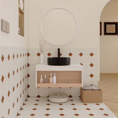 Meuble-lavabo flottant de 30 po avec lavabo vasque rond noir mat, meuble-lavabo mural avec tablette ouverte, finition blanche avec comptoir durable, conception moderne peu encombrante (livré dans 2 boîtes)