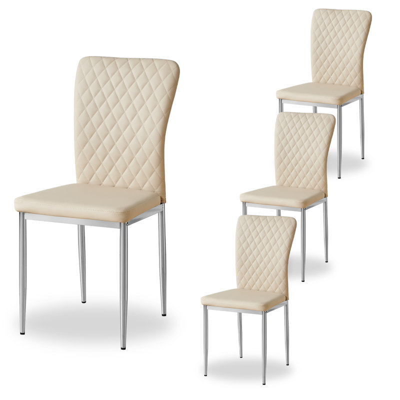 Modern Faux Leather/PU/Suede/Velvet Upholstered Dining Chair Tufted High Back, Beige Faux Leather, Silver Electroplated