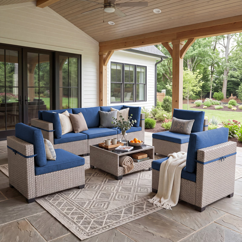 Ensemble de conversation d'extérieur, ensemble de jardin en résine tressée pour 6 personnes, groupe de sièges modulaire avec coussins, mobilier de jardin, mobilier d'extérieur et de terrasse avec tables, bleu marine