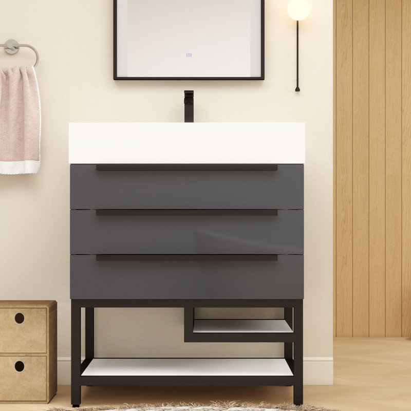 Jessica 29.5 " W Freestanding Standard Free Standing Single Double Single Vanity Bathroom Vanity With Stone Top, Gloss Gray