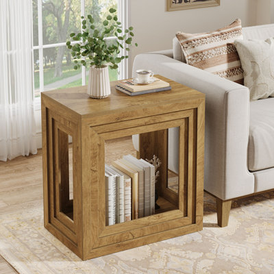 Wooden Square End Table with 2-Tier Storage, Farmhouse Side Table for Living Room or Bedroom