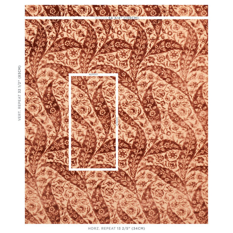 Saz Paisley Silk Velvet Fabric, Terracotta