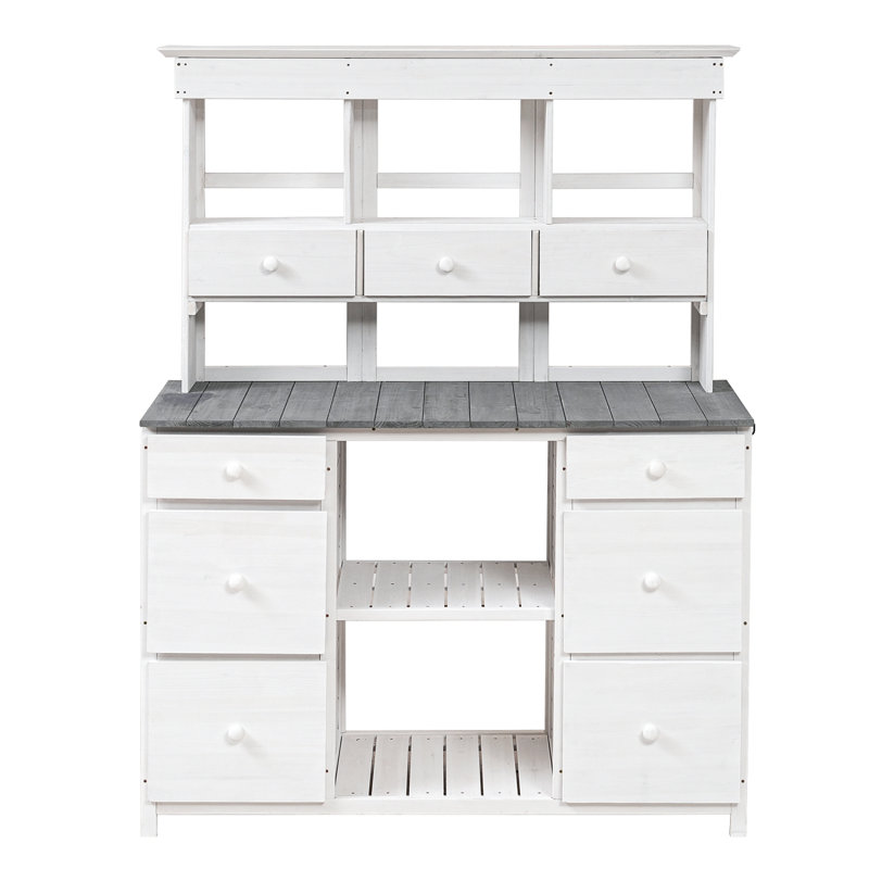 Table de jardin en pot, design rustique et élégant avec plusieurs tiroirs et tablettes pour le rangement, Blanc / Gris