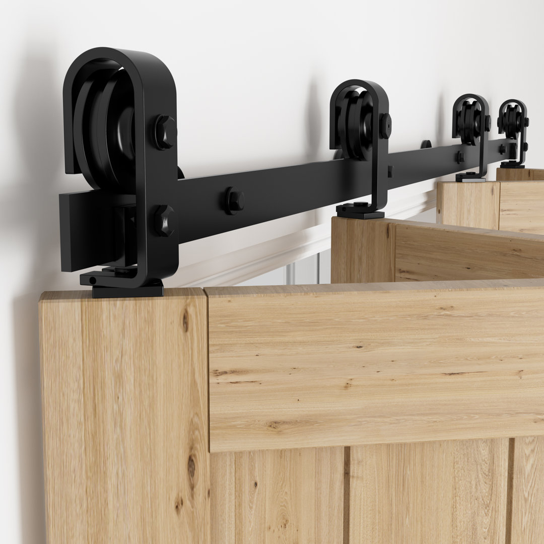 Bi-Folding Sliding Barn Door Hardware Kit for 4 Doors, Carbon Steel Black Bifold Barn Door Kit with J shape rollers for Closet(Doors not Included) Lazio Track 