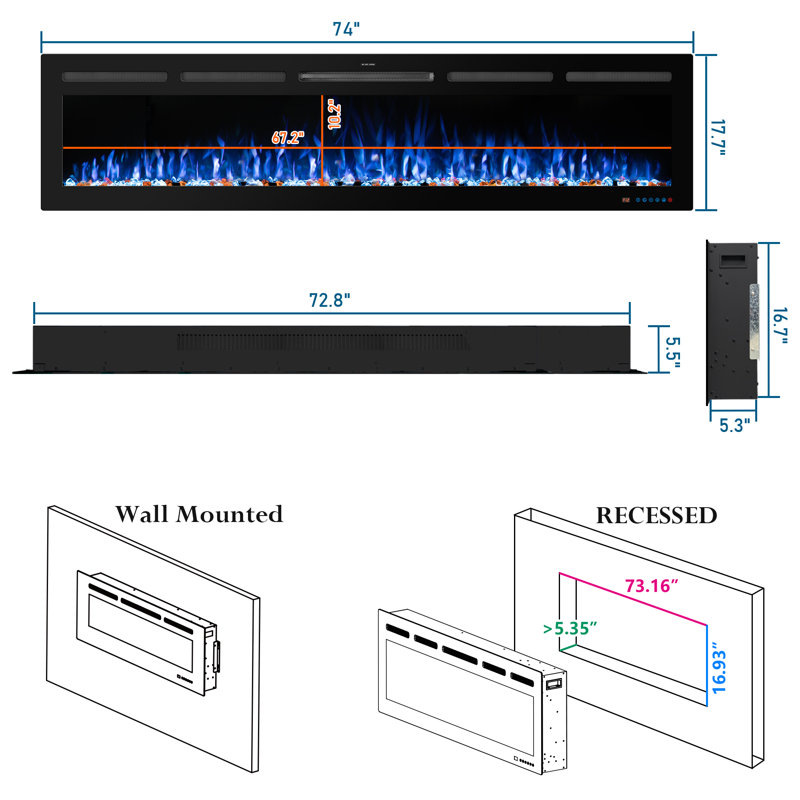 Cassella Black Electric Fireplace with 5120 BTU, 17.7" H x 74" W x 5.5" D