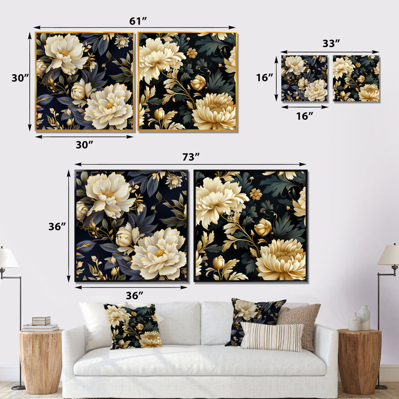 Lilya - Ensemble de 2 décorations murales florales, Toile tendue, H 16 po x l 33 po x P 1 po