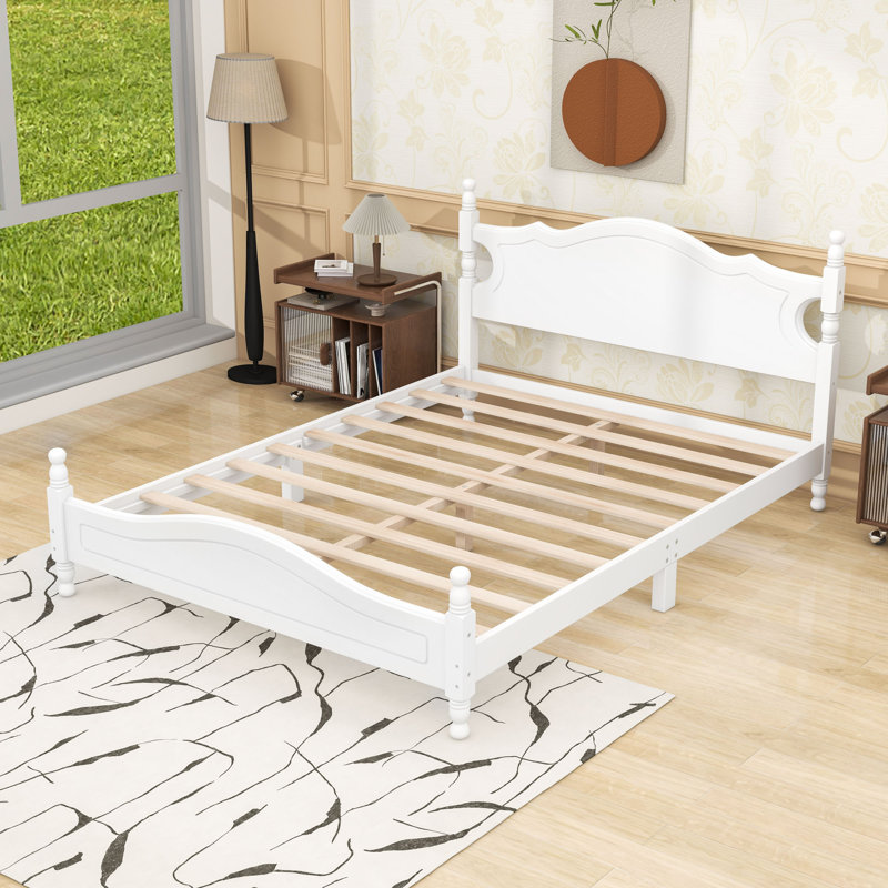 Lit plateforme en bois avec structure solide et support en lattes de bois, Blanc, Grand lit