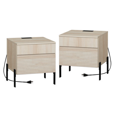 Ensemble de 2 tables de bout pour chambre à coucher avec station de charge et design minimaliste en roseaux, ensemble de 2 tables de chevet modernes en bois avec tiroir pour le salon et le canapé