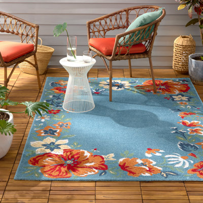 Tapis d'extérieur à motif floral moderne à bordure fleurie Hibiscus Town & Country