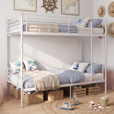Twin‑Over‑Twin Metal Bunk‑Bed with Ladder  Detachable Into 2 Separate Twin Beds, Noise‑Free Slat Support, No Box‑Spring Needed, Modern Kids Bunk Bed Frame, White