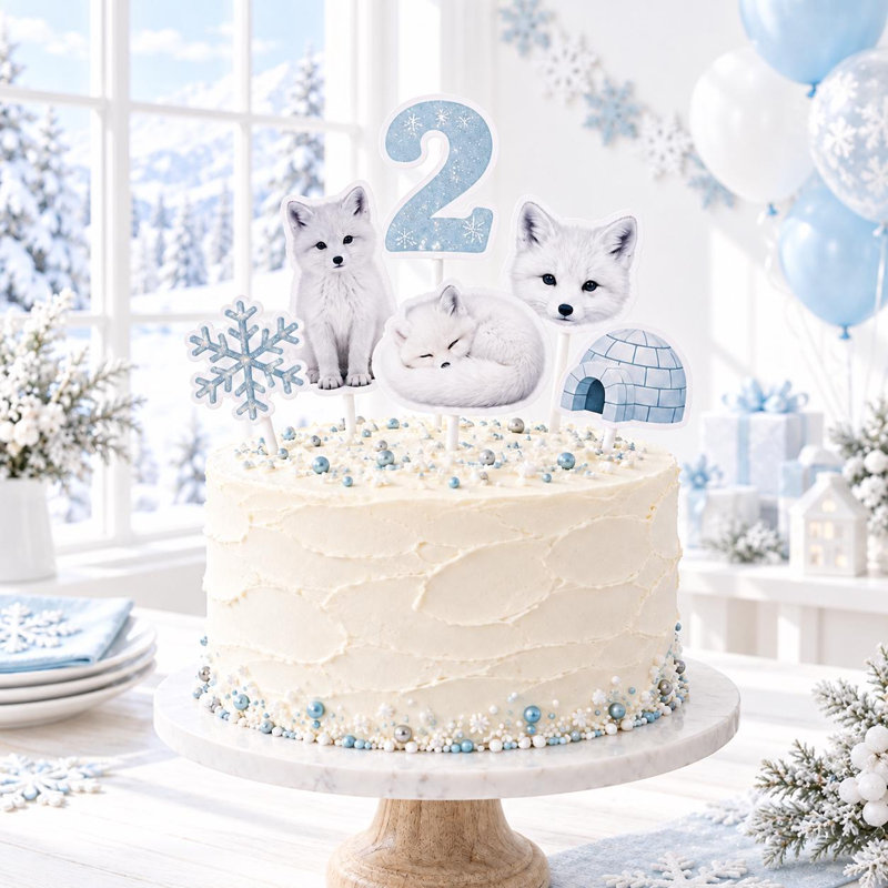 Ensemble de décorations de gâteau personnalisées Renard arctique, pics en carton pour anniversaire d'animaux d'hiver (Âge : 3 ans)