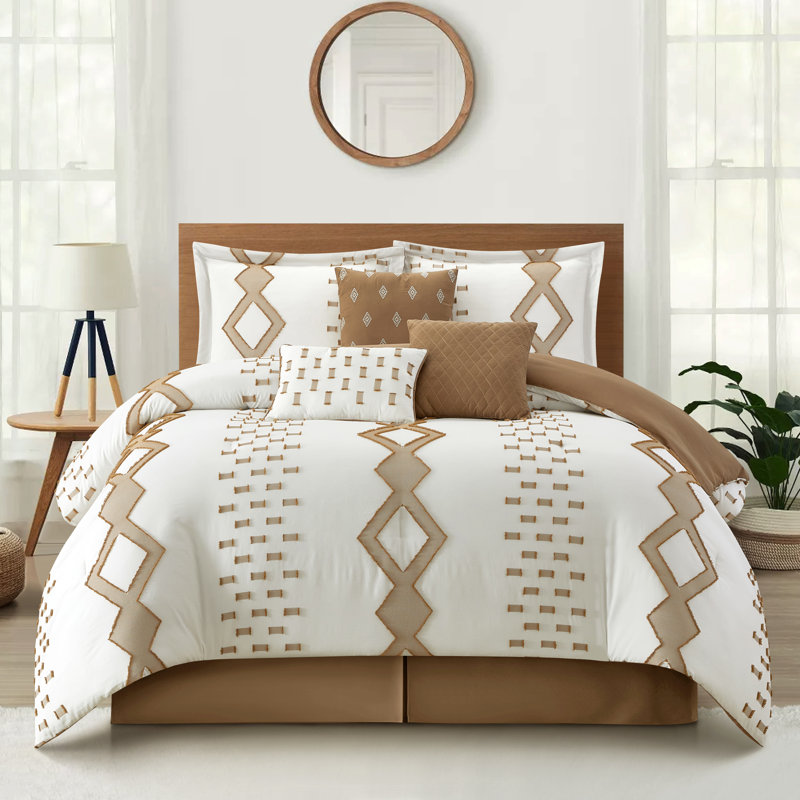 Pantissa Geometric 7 Piece Comforter Set, King Comforter + 6 Additional Pieces, White/Taupe