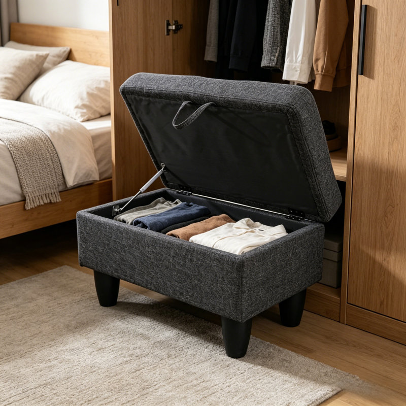 Tufted Linen Storage Ottoman with Lift Top, Black Linen Blend