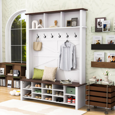 Rustic Farmhouse Hall Tree with Bench, Hooks & Storage