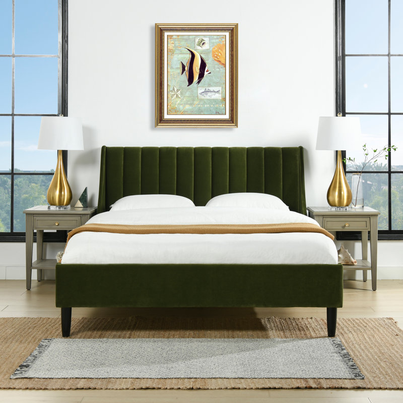 Helaina Upholstered Wingback Bed, Queen, Olive Green Velvet