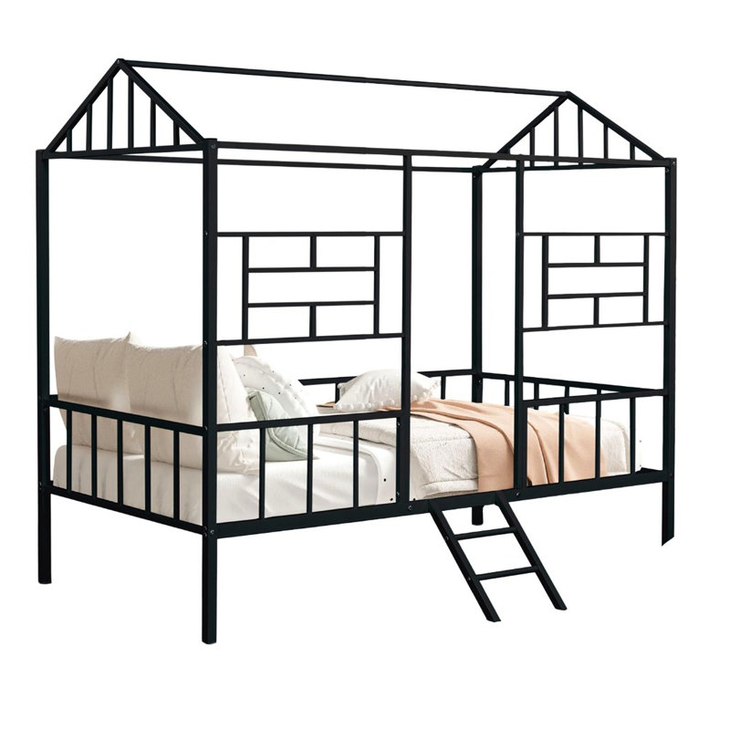 Lit superposé simple noir de style contemporain avec structure inclinée en forme de maison et structure entièrement en métal