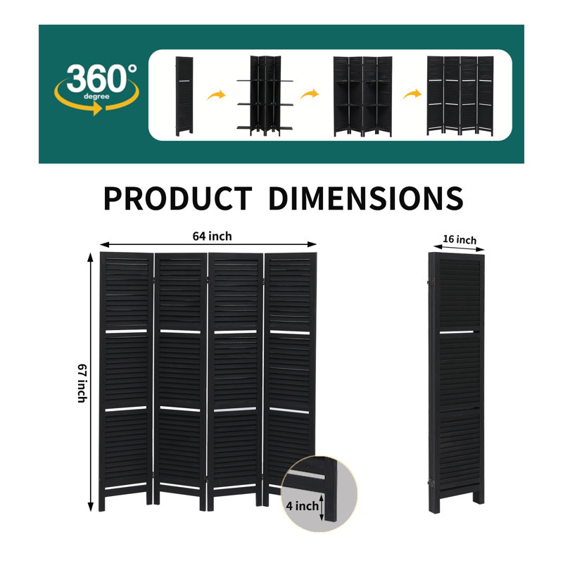 Cloison de séparation pliante en bois 67 po H 67 po Soild, Noir, noir, noir, noir, 4