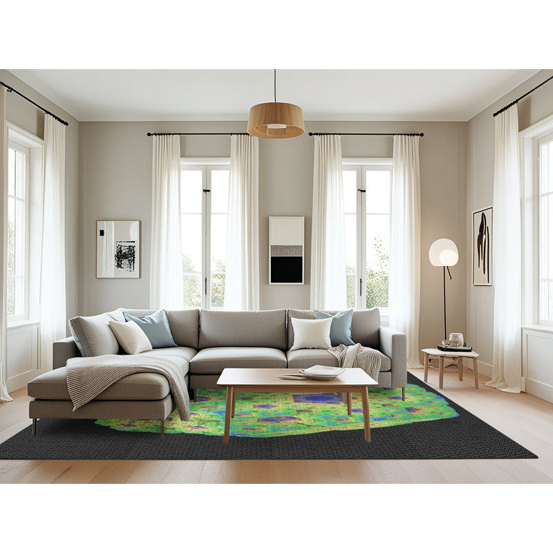 Tapis vert/bleu/noir de zone à motifs, Rectangle 8 pi x 12 pi