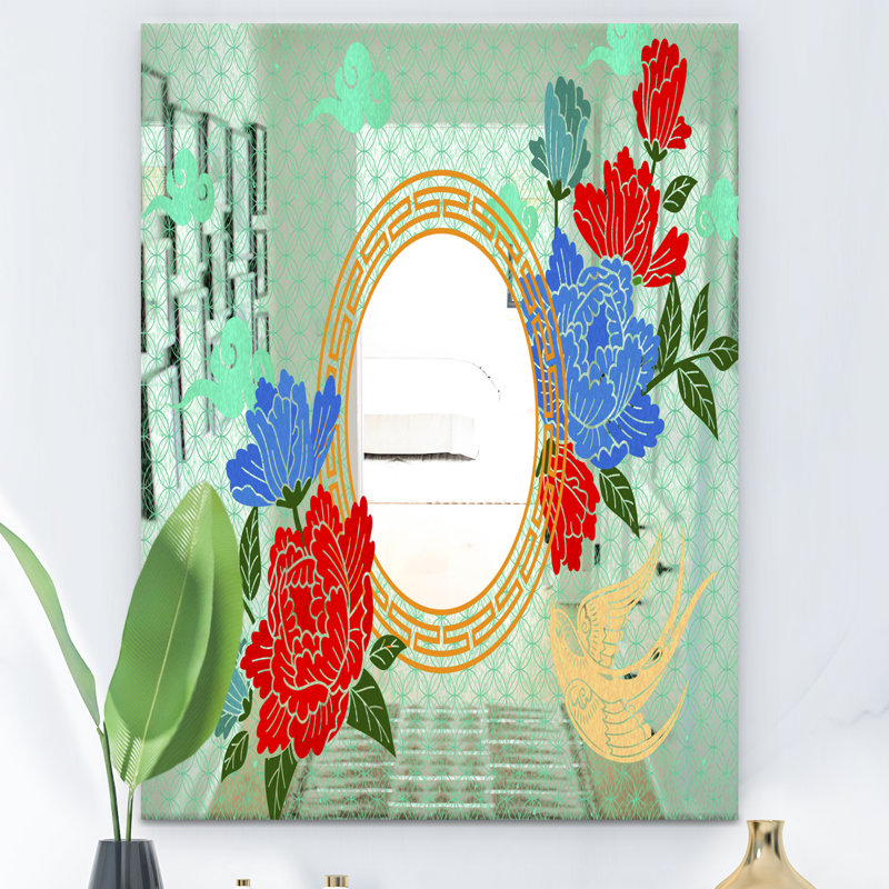 Miroir d'appoint de style chinois avec pivoine, H 24 po x l 32 po