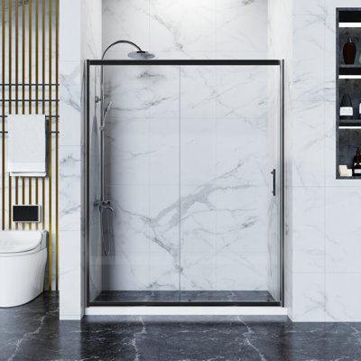 60.in W X 72.in H Single Sliding Shower Door, 1/5 Inch Thick Clear Tempered Glass Shower Door With Stainless Steel Handle, Black
