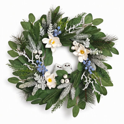 23.6 Inch White Owl Wreaths for Front Door,Spring Summer Fall Winter Wreaths,Large Outdoor Greenery Wreaths for Porch,Wall,Holiday,Home Decor-Spring, Summer, Fall, Winter All Seasons