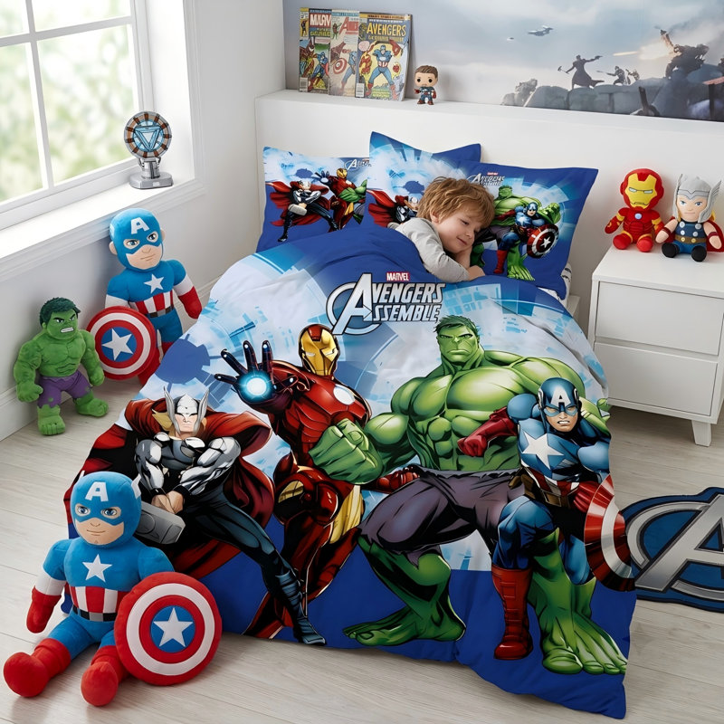 Ensemble de literie Marvel Avengers 4 pièces, cadeau idéal pour filles/garçons, enfants et adolescents, décoration de chambre, housse de couette en polyester, tailles Twin XL et Full.