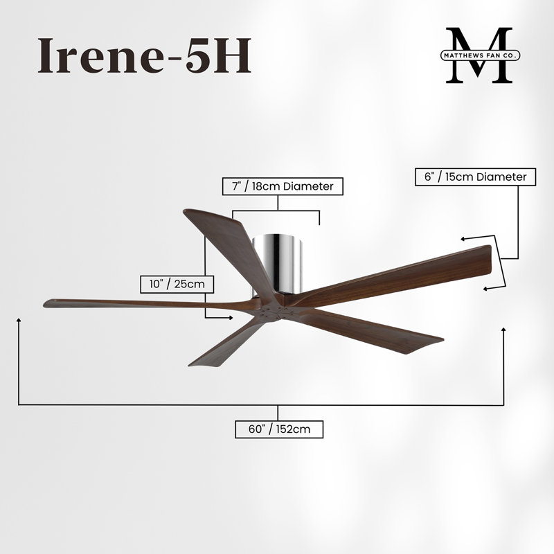 60" Irene 5-Blade Hugger Ceiling Fan with Wall Remote, Polished Chrome, 60", Walnut Tone