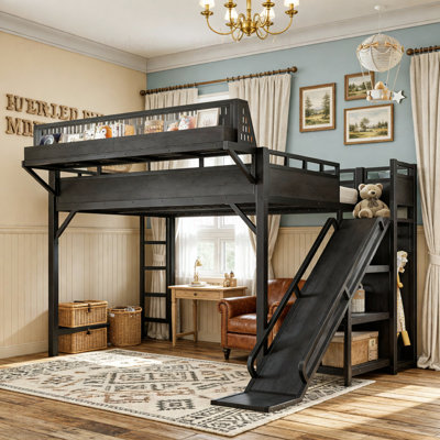 Queen Size Loft Bed with Slide, Storage Shelves and Built-in Wardrobe, Metal Loft Bed Frame with USB Ports and LED Lights, with Pegboard, Safety and Solid