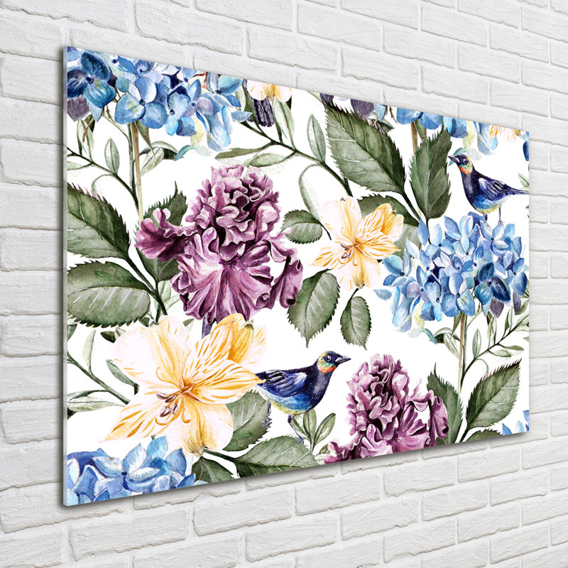 Flowers And Birds - No Frame Print on Glass