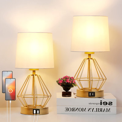 Set of 2 Touch Control Table Lamp Fabric Modern Small Nightstand Lamps