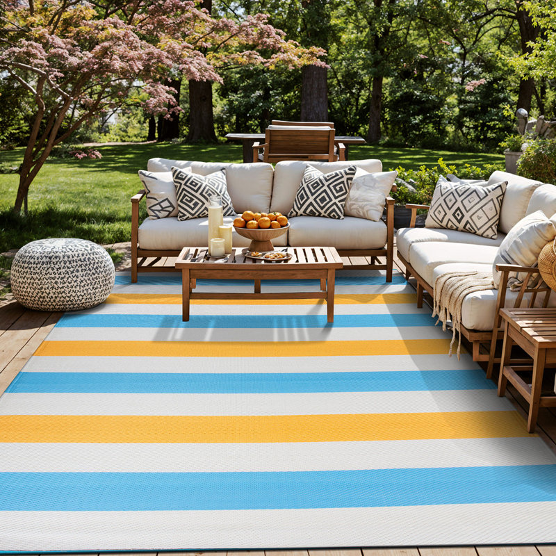 Andalyn Striped Yellow/Blue/White Reversible Indoor/Outdoor Area Rug, Rectangle 7'10" x 10'