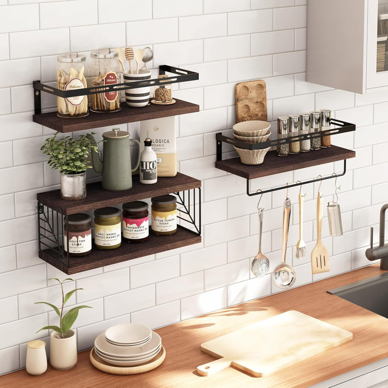 3+1 Tier Wall Mounted Bathroom Shelves Over Toilet, Rustic Wood Floating Shelves With Metal Frame And Towel Bar For Bathroom, Kitchen, Bedroom, Living Room (Dark Brown)