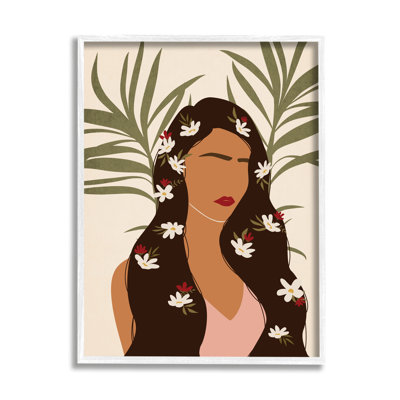 Femme avec fleurs tropicales dans des feuilles de palmier surdimensionnées, impression numérique sur estampe numérique par JJ Design House LLC