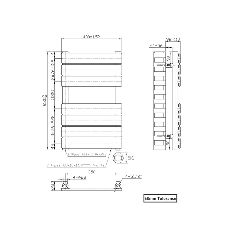Flat Panel Towel Rail Heated Towel Rails, 65cm H x 40cm W x 6.2cm D, Anthracite