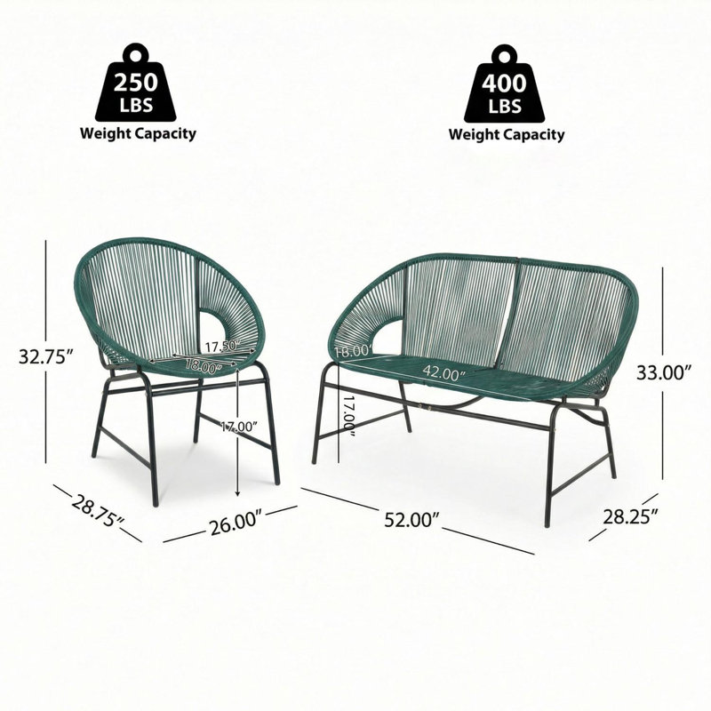 Ensemble de conversation en osier 3 pièces avec causeuse et 2 chaises, rotin PE et structure en fer