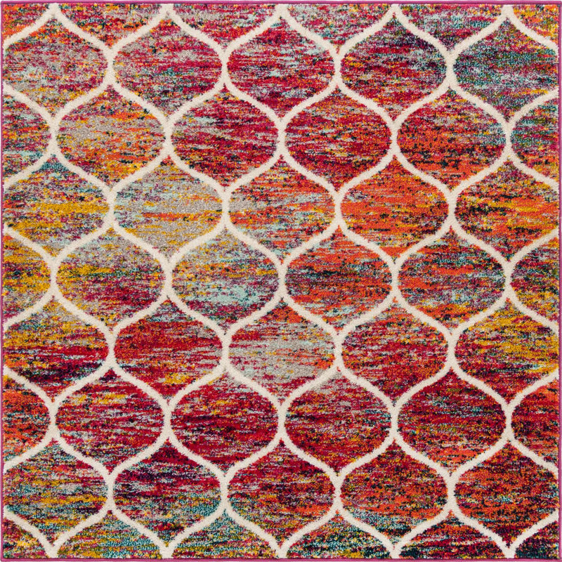 Llanet Geometric Area Rug, Square 5'3", Multi Red