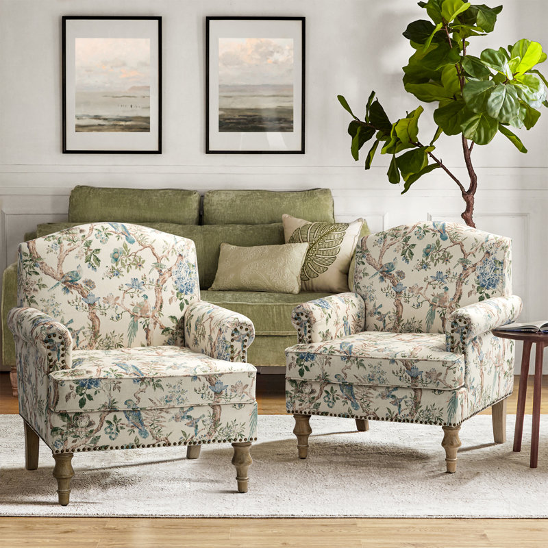 Mooresville 30" W Armchair with Solid Wood Legs and Camelback, Bird Polyester