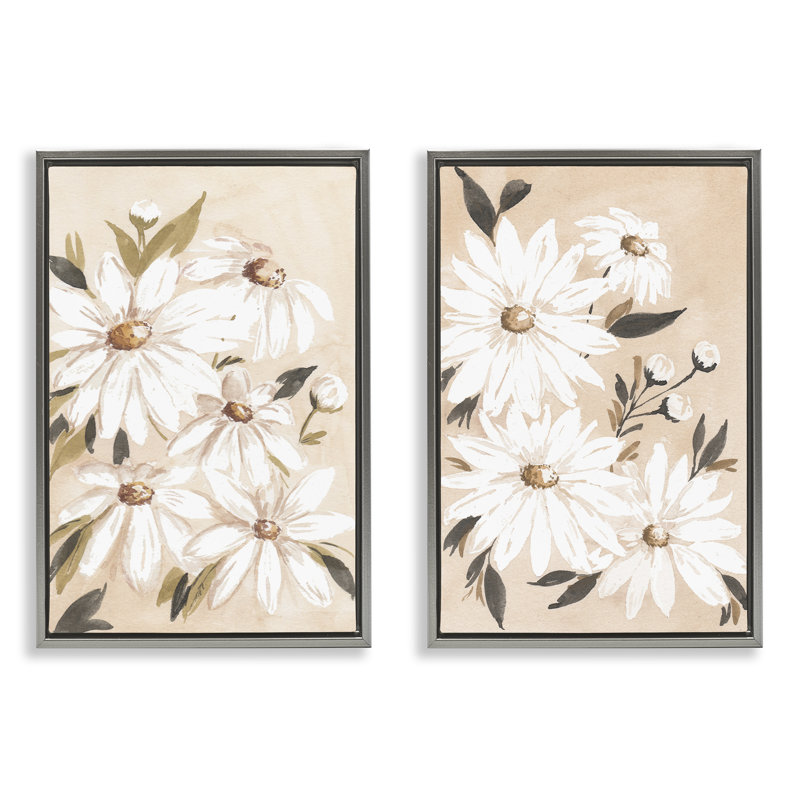 «White Daises on Peach», ensemble de 2 toiles flottantes encadrées noires par Amanda Cook, H 25 po x l 17 po
