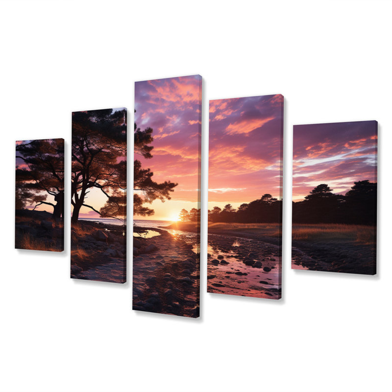 Coucher de soleil au crépuscule au bord du lac II - Paysage coucher de soleil, art mural, salon - 5 panneaux